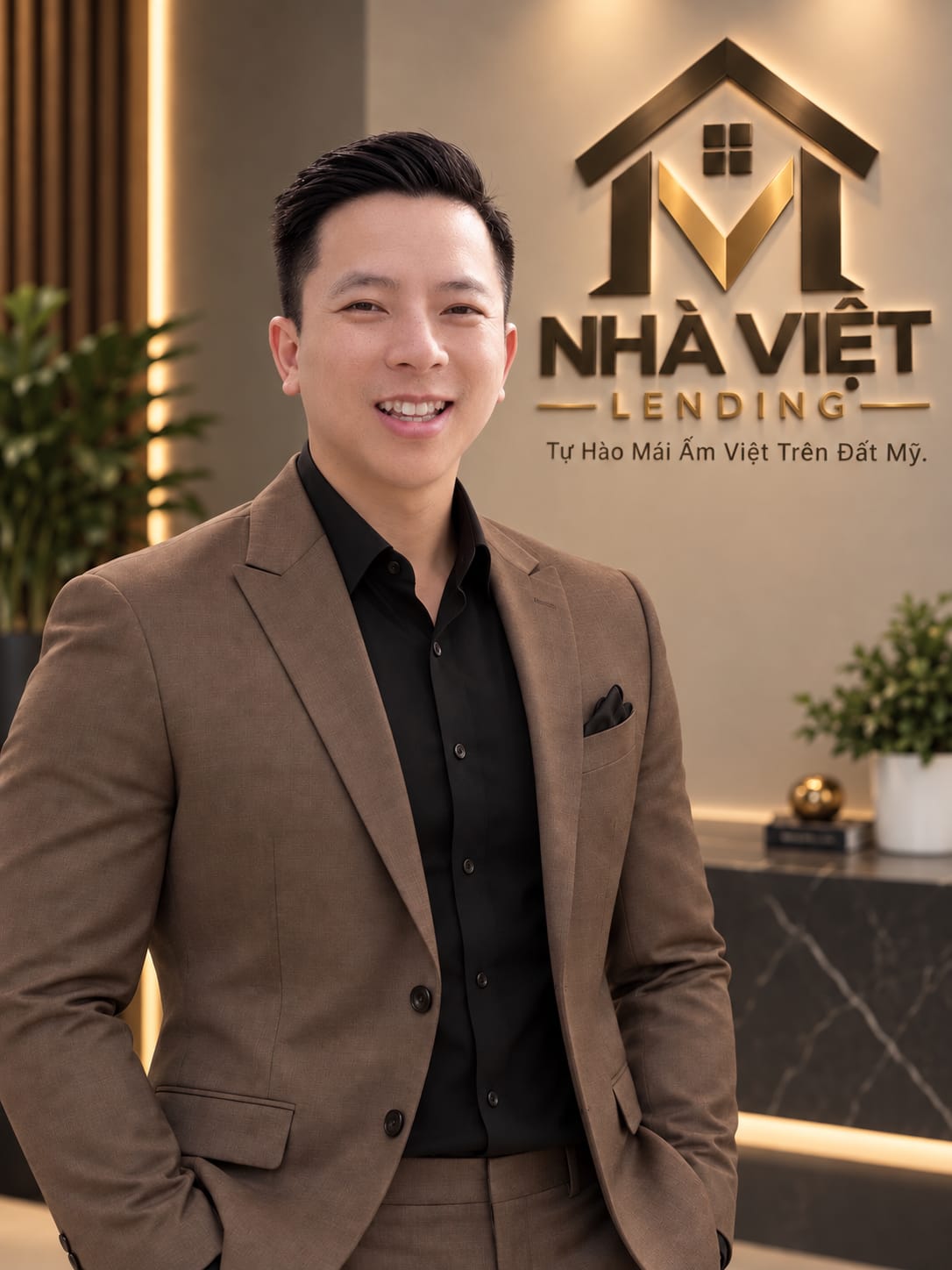 Manh Nguyen, founder of Nha Viet Lending, in front of the Nha Viet Lending logo