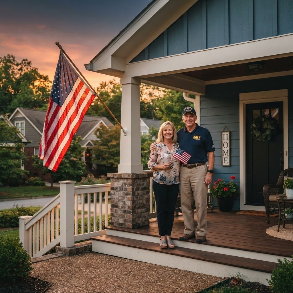 A veteran couple on the porch of their new home