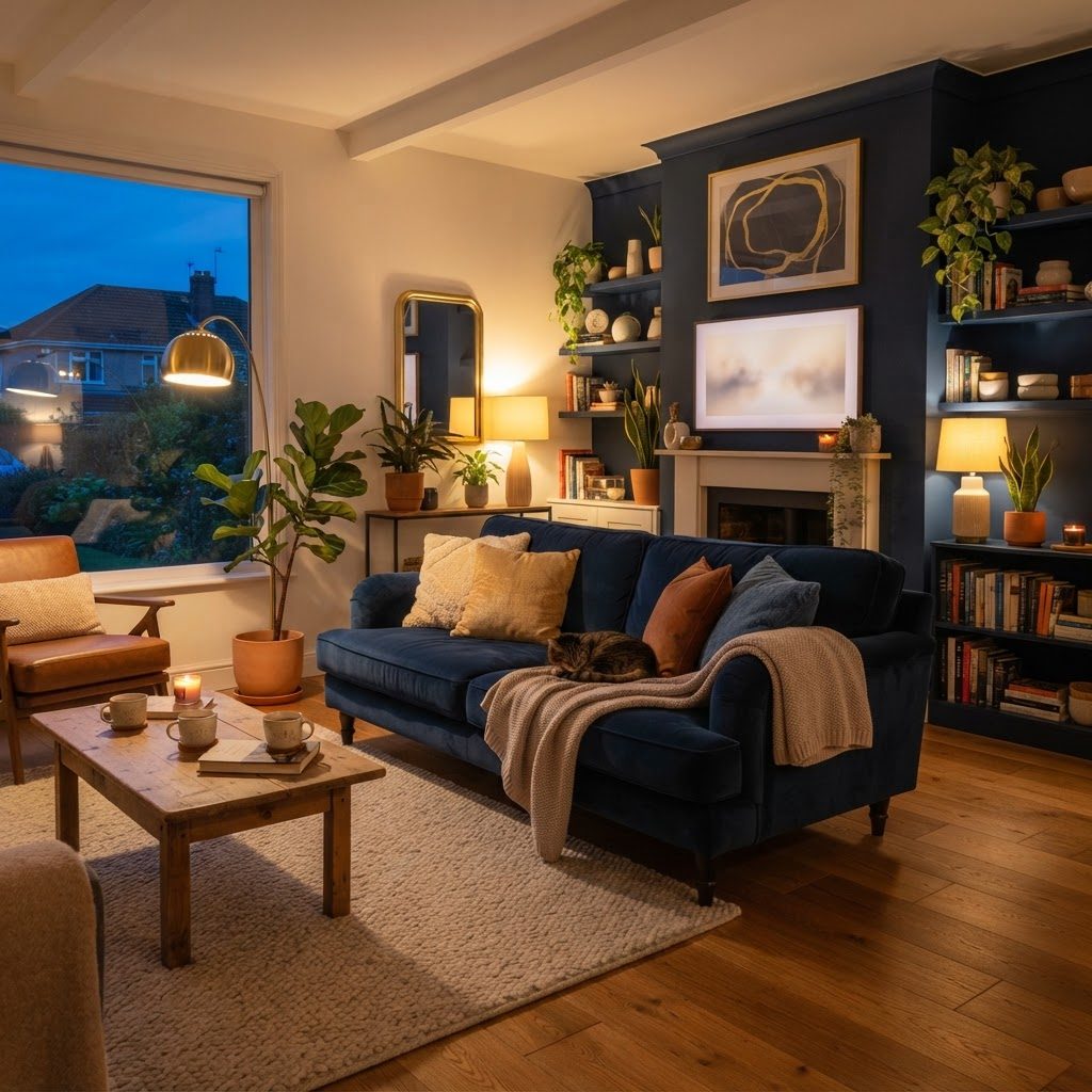 A warm family living room at dusk